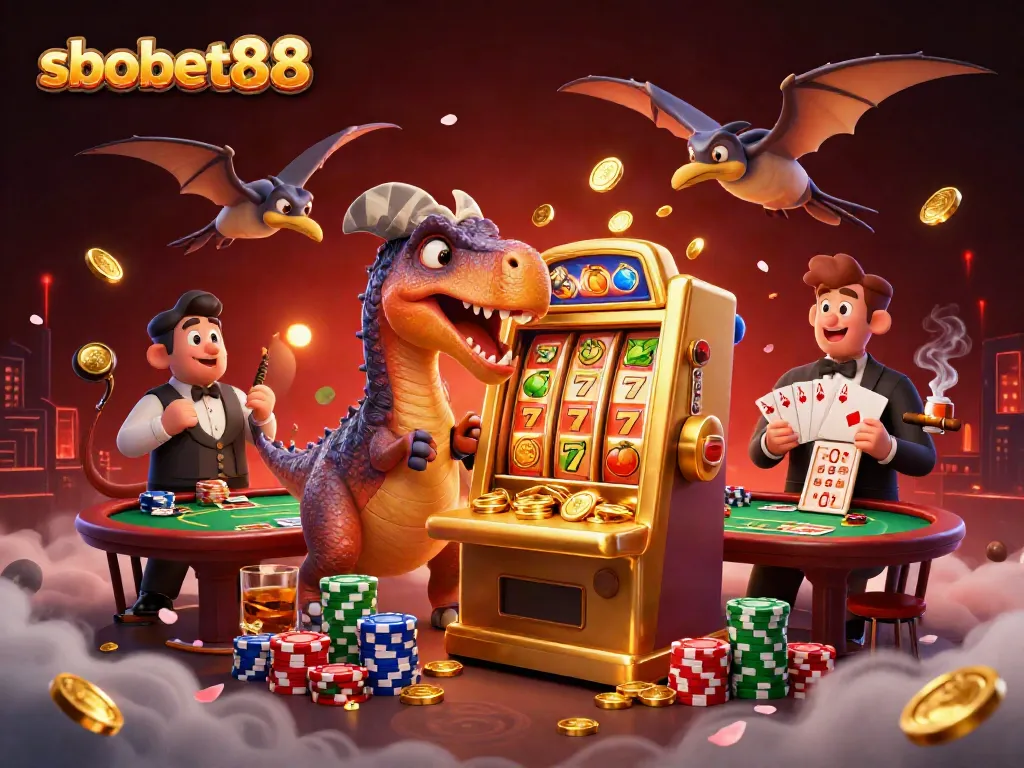 SBOBET88 engages players with a thrilling jackpot scene featuring dynamic characters and vibrant casino elements.