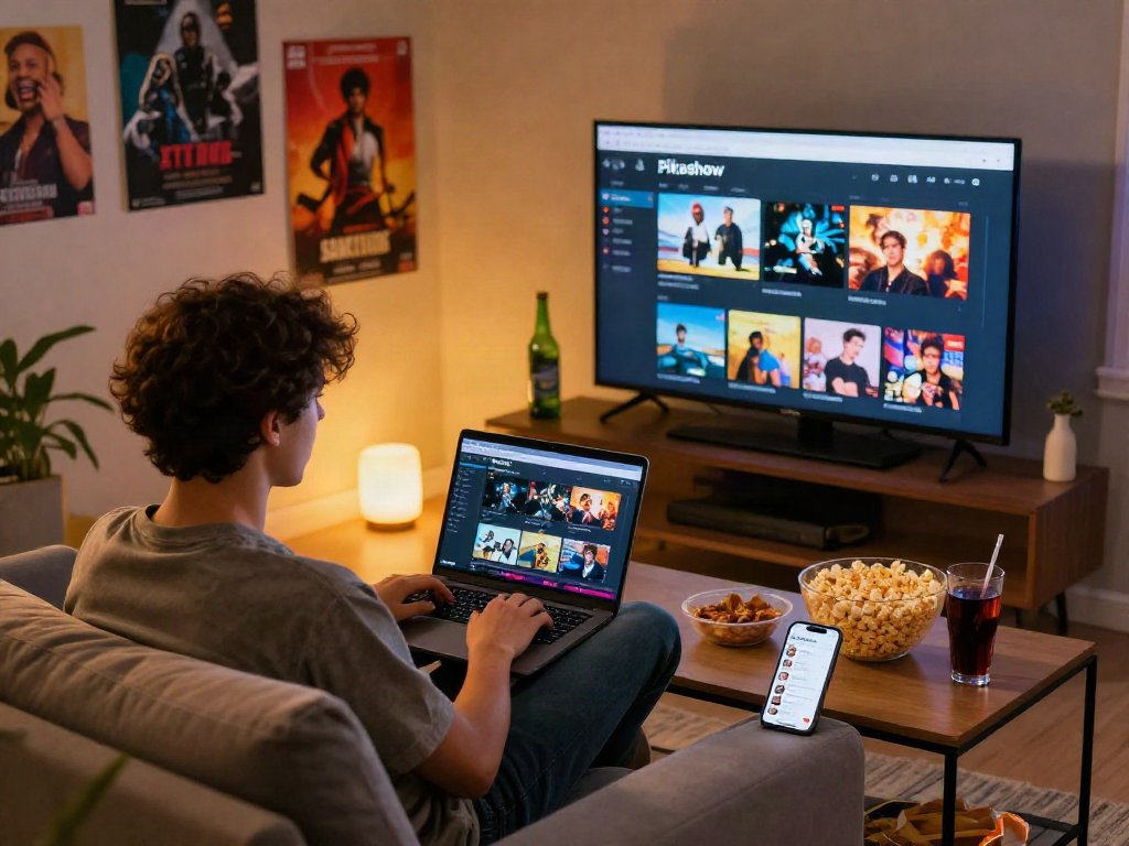 Pikashow streaming interface displayed on a TV, enhancing a cozy entertainment atmosphere with snacks.