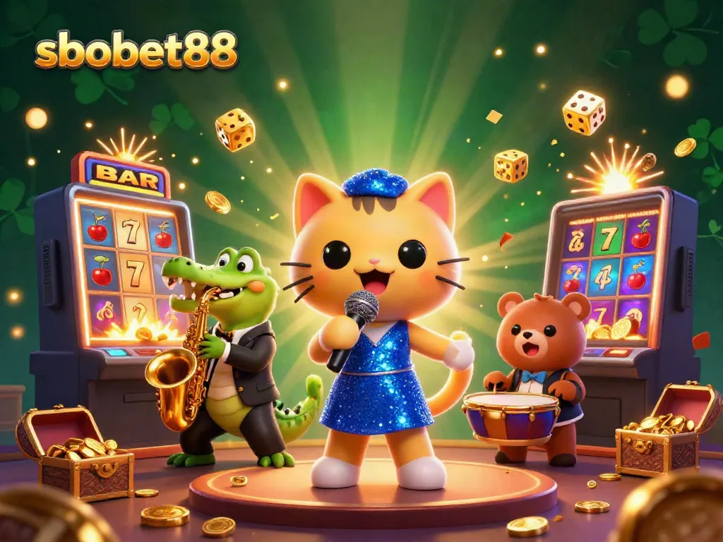 Experience sbobet88 with vibrant characters and excitement on a casino stage featuring dynamic elements.
