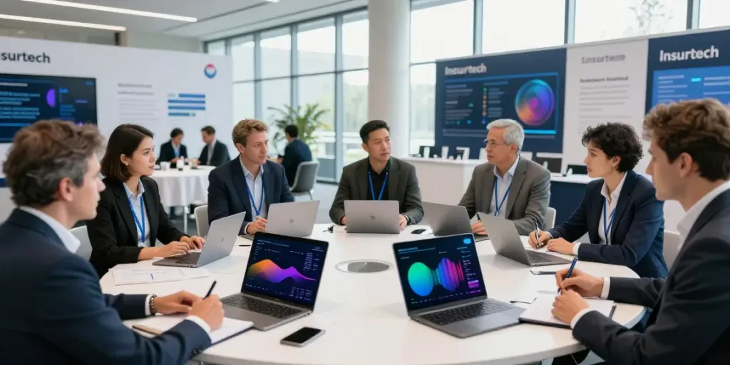 Industry leaders discussing insurtech news updates at a modern conference.