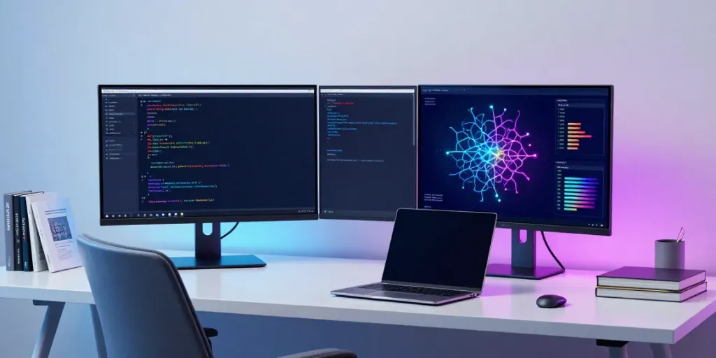 Generative engine optimization platform displayed in a modern AI development workspace with dual monitors, coding visuals, and sleek design.