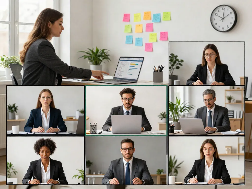 Dynamic video conference scene showcasing deepfake free meetings with professionals collaborating from home offices in a vibrant setting.