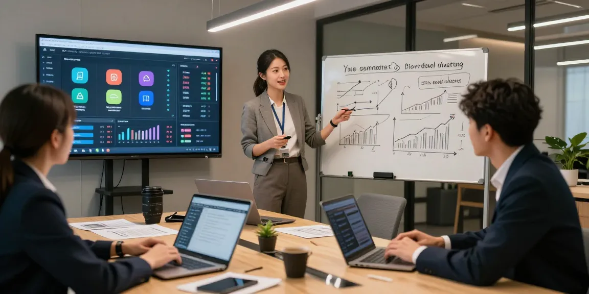 Purchase app downloads strategy session with marketing professionals in a modern office.