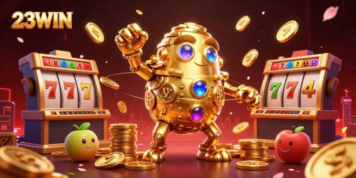 Engage with 23WIN's thrilling casino experience featuring a captivating golden golem amidst slot reels and vibrant game symbols.