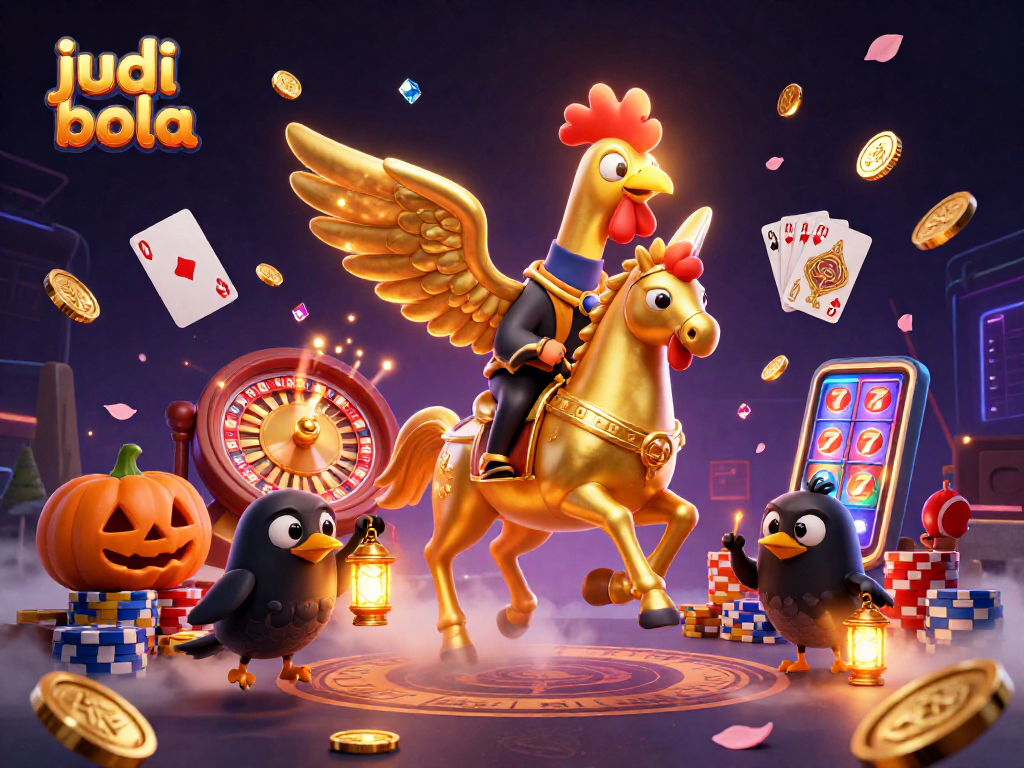 Engage in judi bola action with a vibrant casino scene featuring a golden rooster and dynamic gambling elements.