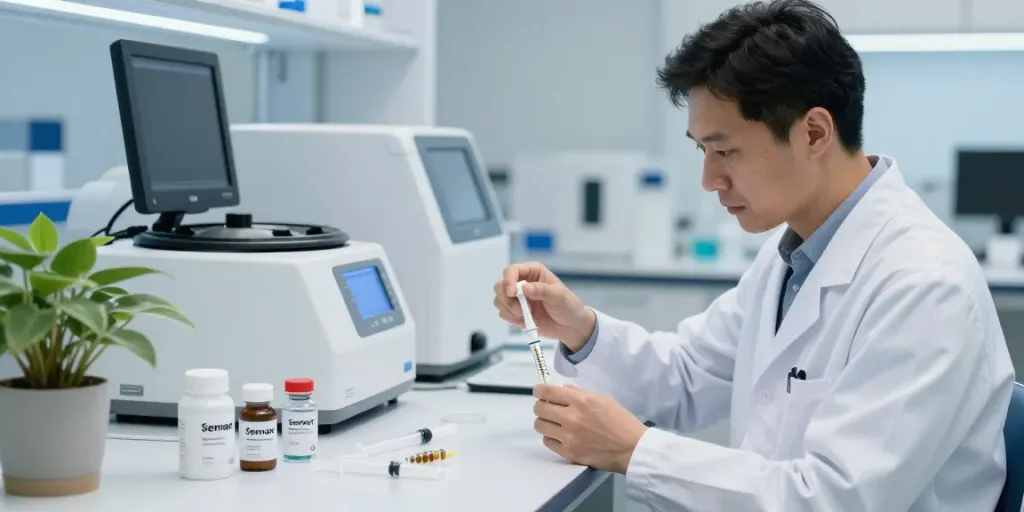 Scientist preparing Semax Selank blend in modern lab focused on peptide research.