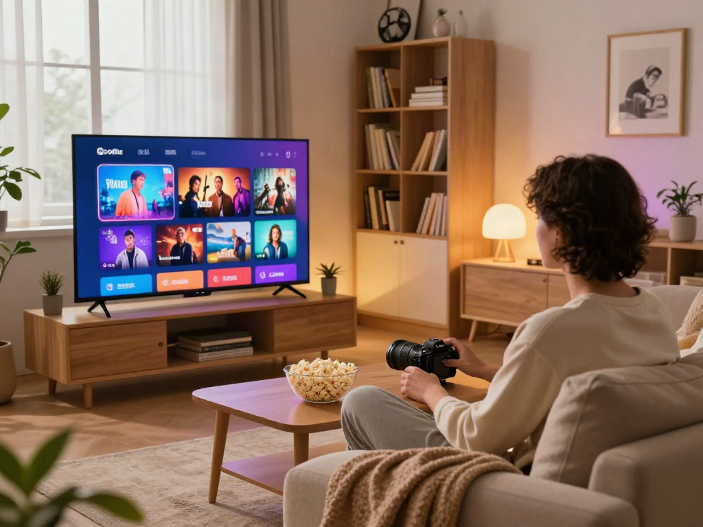 Cocoflix streaming experience in a cozy living room with smart TV and popcorn.