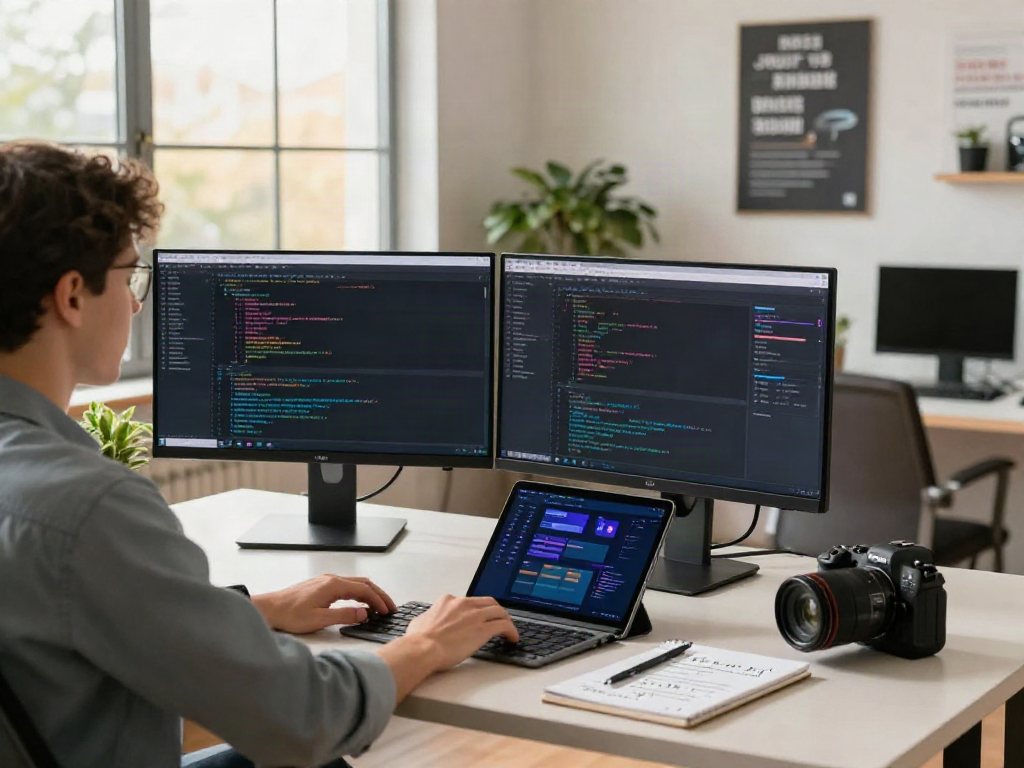 Young developer coding at dual monitors, visit this web-site to boost productivity.