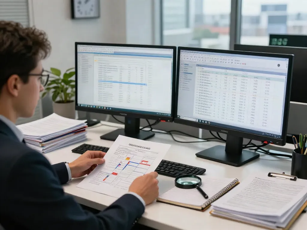 Fraud investigation analysis in a professional office setting with documents and data tools.