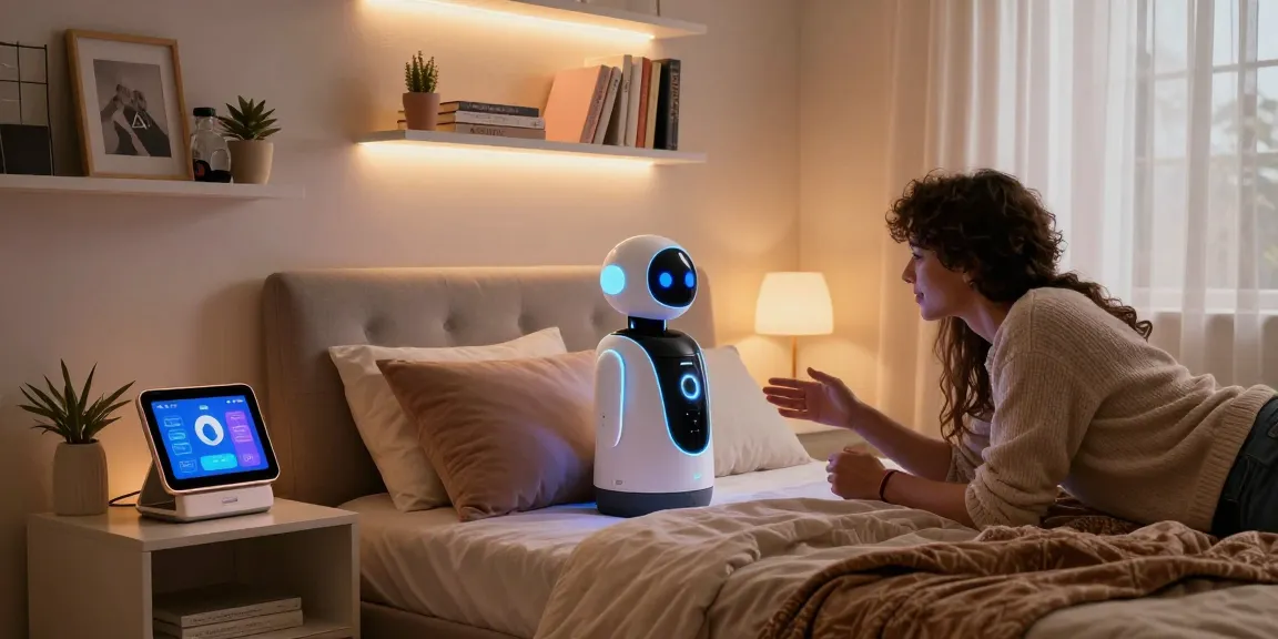 Engaging couple interacting with a sex bot in a cozy bedroom setting.