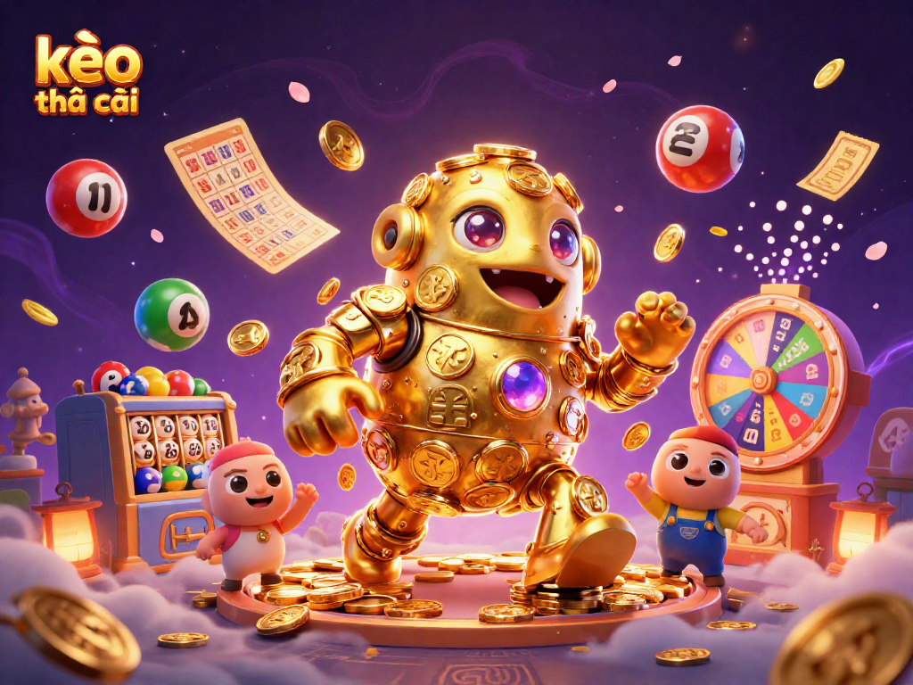 Engage with kèo nhà cái featuring a golden golem surrounded by vibrant lottery elements