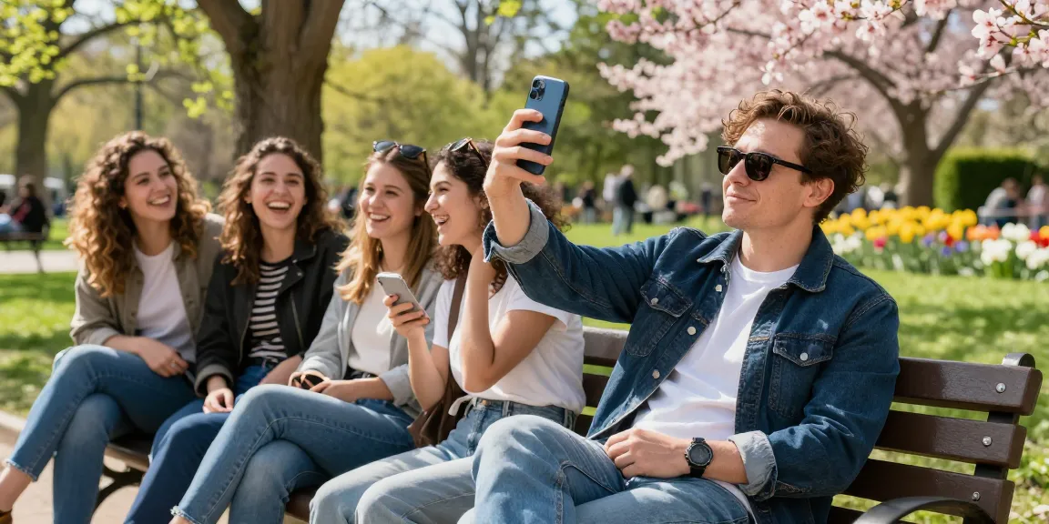 Testing attractiveness with a selfie in a park setting, capturing positive social moments.