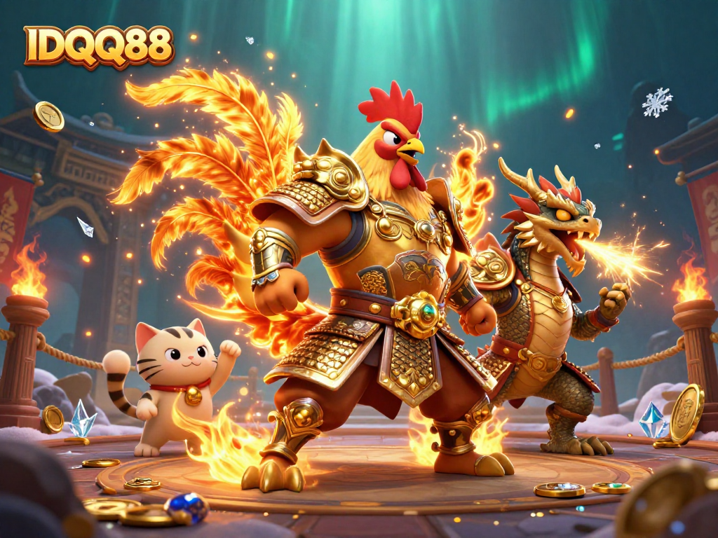 Play slots at IDQQ88 with dynamic characters and vibrant casino elements in a colorful scene.