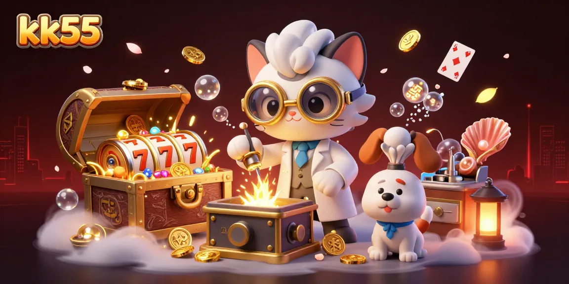 Engage with the thrill of kk55 slots, illustrated with 3D characters and vibrant casino elements.