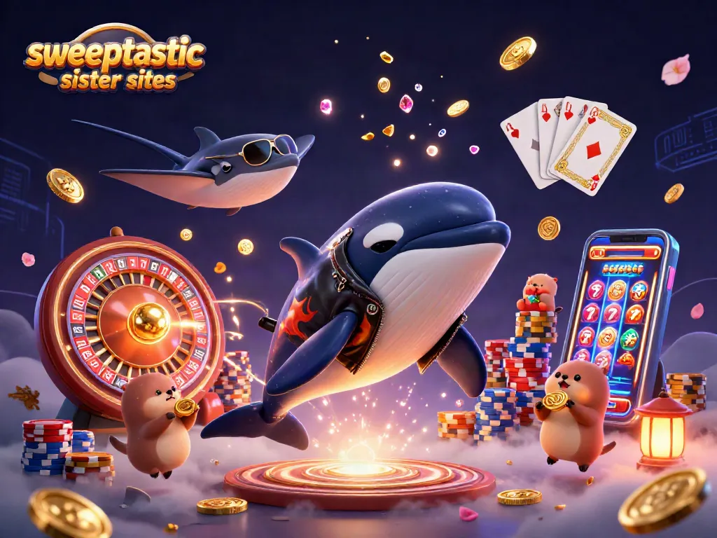 Sweeptastic sister sites illustration showcasing an orca whale and sea creatures amid golden coins and vibrant gaming elements.