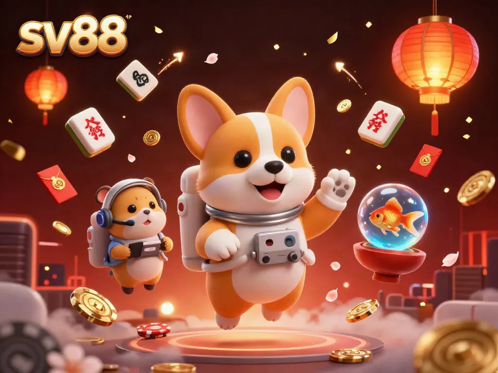 Experience sv88's thrilling casino adventure with floating coins, poker chips, and vibrant game elements.