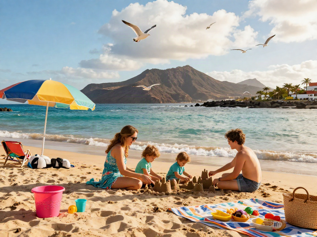 Family at Tenerife Forum beach, enjoying the sunset with a toddler.