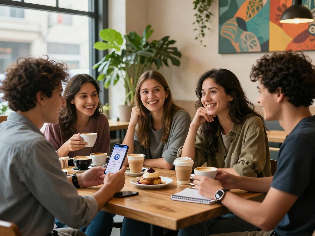 Friends exploring how old do I look together in a bright café