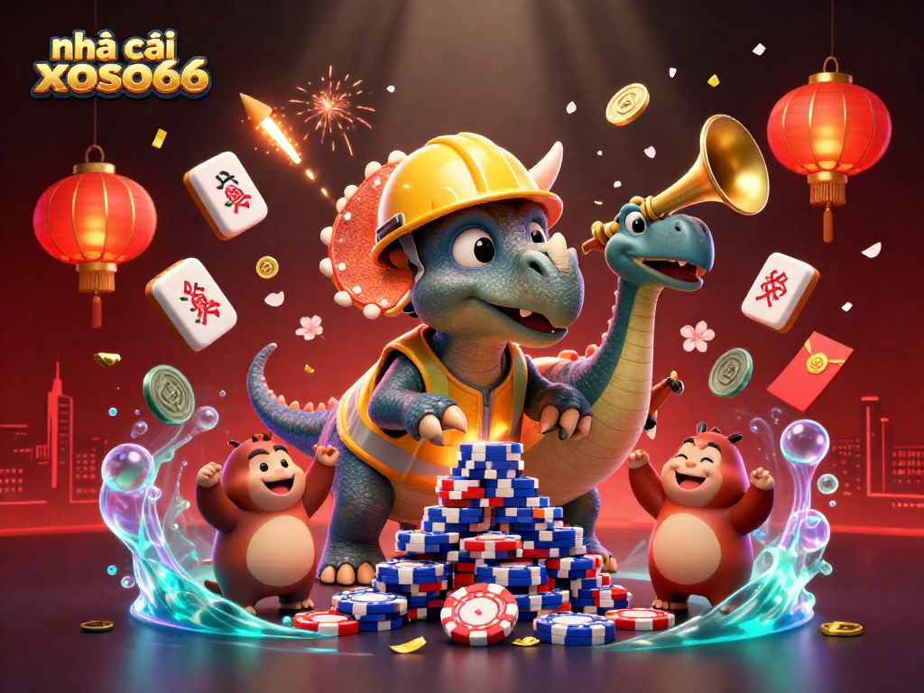 Engage with nhà cái xoso66’s festive celebration featuring a triceratops crafting poker chips.