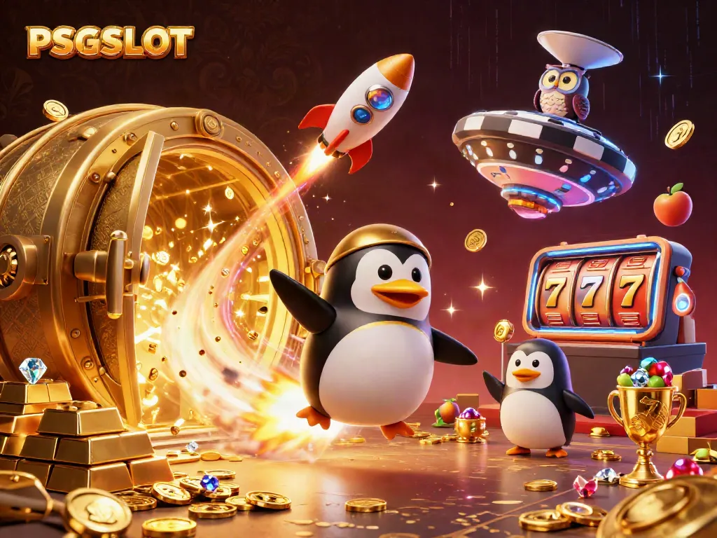 Engage with PSGSLOT by exploring a vibrant casino scene filled with enchanting slot elements and treasures.