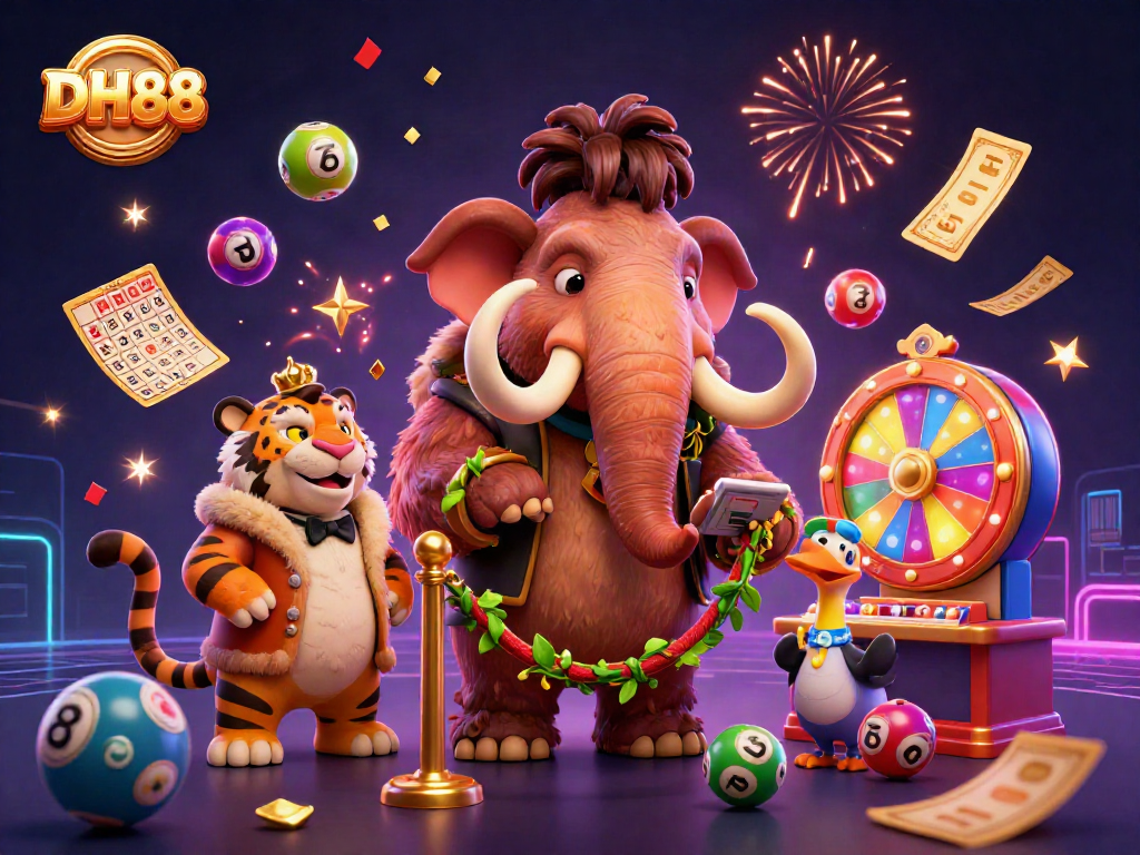 Experience the excitement of DH88 with vibrant lottery elements featuring a mammoth casino bouncer.