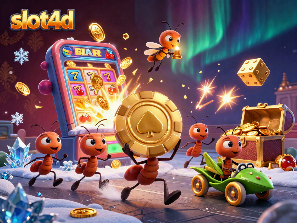 Engaging slot4d heist illustration with animated ants and a vibrant casino scene.