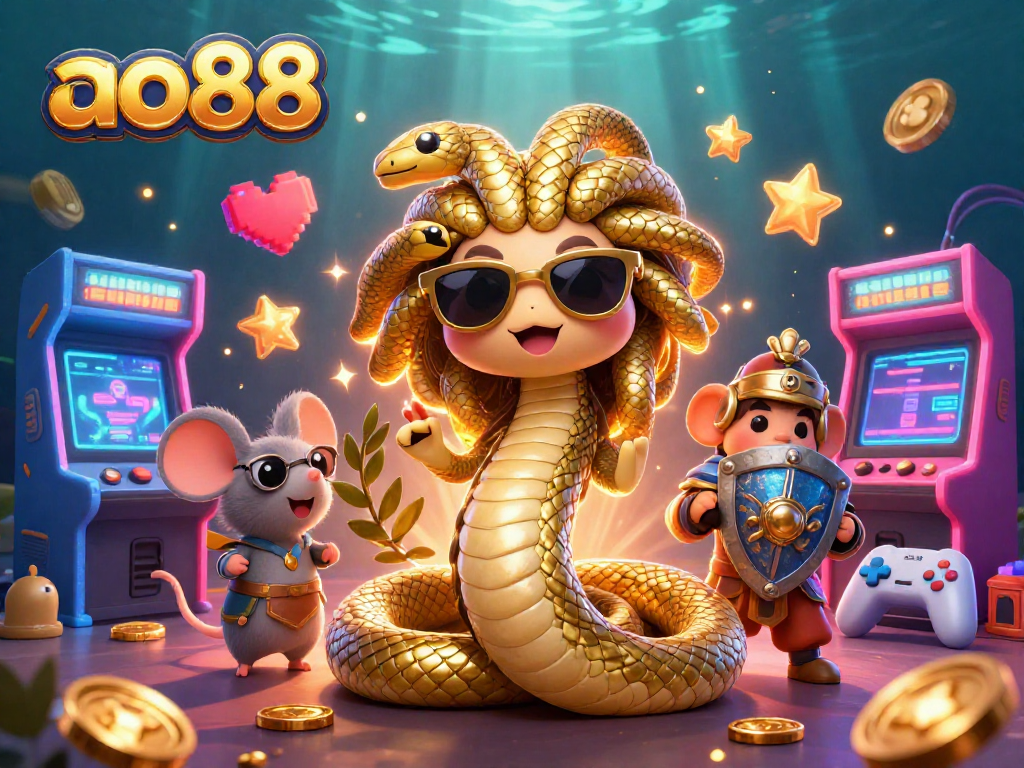 Experience thrilling games at ao88 with a vibrant gaming scene featuring Medusa, warrior mouse, and arcade elements.