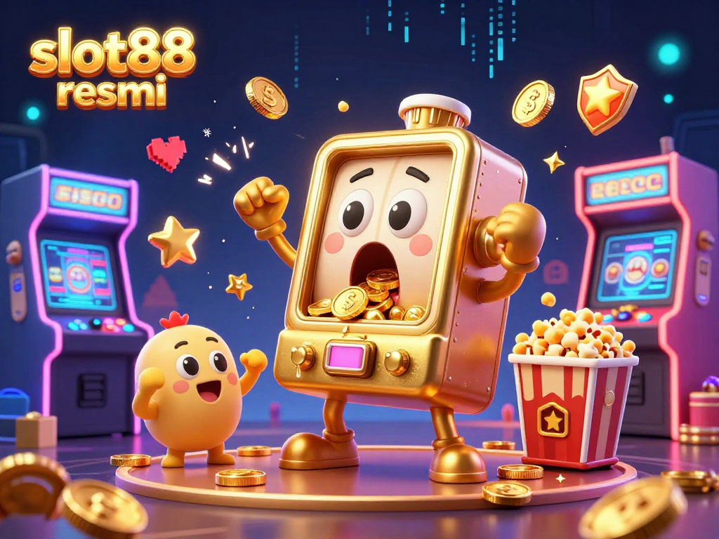 Experience the thrill with slot88 resmi as a golden slot machine hits a jackpot, surrounded by colorful gaming elements.