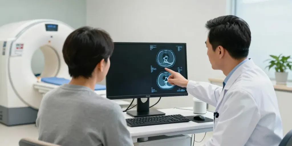 Professioneller Radiologe präsentiert Röntgenreizbestrahlung in der Nähe während der Patientenberatung.
