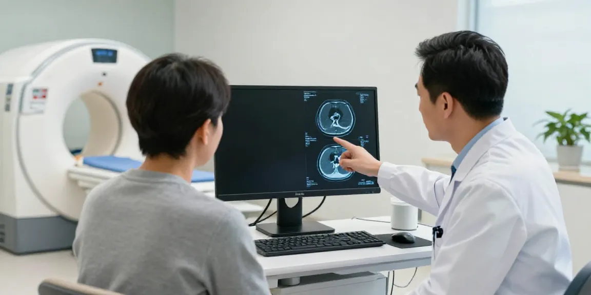 Professioneller Radiologe präsentiert Röntgenreizbestrahlung in der Nähe während der Patientenberatung.